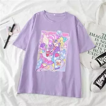 Ulzzang, милая японская уличная одежда с героями мультфильмов для девочек, Harajuku, розовые кавайные повседневные топы, винтажная свободная летняя женская футболка для девочек M белый