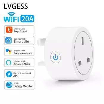 Умная розетка Tuya 20a, Wi-Fi, британская вилка, 3-контактный адаптер, домашний голосовой контроль Alexa с функцией таймера мониторинга энергии, набор розеток WIFI UK Socket 2 Pcs&UK-With Power Monitor
