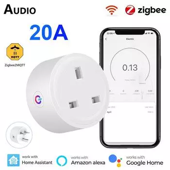 Умная розетка Tuya Zigbee 20a, британская вилка, мини-беспроводная розетка с мониторингом энергии, работает с Alexa Google Home и приложением Smart Life 1PC