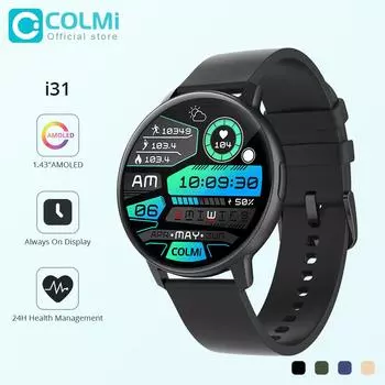Умные часы COLMI i31, 1,43-дюймовый AMOLED-дисплей, 100 спортивных режимов, 7 дней автономной работы, всегда включенный дисплей, умные часы для мужчин и женщин