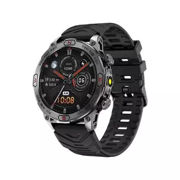 Умные часы KC80 с тройной защитой: Bluetooth-звонки, водонепроницаемость 1 АТМ, компас, измерение давления воздуха, частоты сердечных сокращений и уровня кислорода в крови, фонарик. silicone band чёрный/камуфляжный