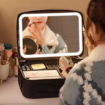 Умный светодиодный косметичка с зеркалом, косметичка, дорожные косметички для женщин, модная портативная сумка для хранения, дорожные косметички 26x23x11cm чёрный