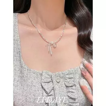 Uncle Li s Store Heart Ribbon Silver Necklace Shijia Pearl S925 Korean Style Atmosphere Jewelry Gift Heart Ribbon Shattered Silver Necklace
