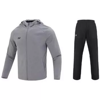 Under Armour Однотонная куртка с капюшоном на молнии и длинные брюки, повседневный спортивный комплект для мужчин, серый, черный 23600303-014+21500737-001 L