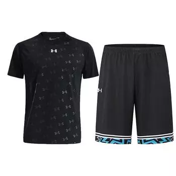 Under Armour Полноцветные быстросохнущие шорты с коротким рукавом в полоску, повседневный спортивный комплект, мужские комплекты, черный цвет 21500531-001+24500211-001 L