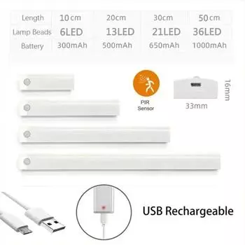 Under Cabinet Lamp PIR Motion Sensor LED Dimmable Rechargeable Night Light Stairs Closet Room Aisle Tube Light Bar Detector Bulb 1Pcs