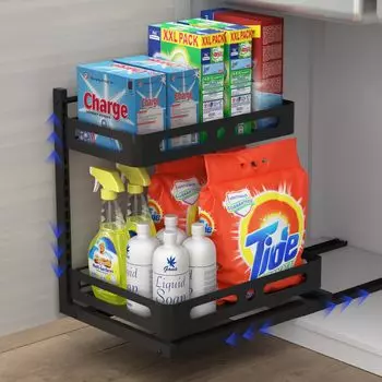 Under Sink Organizers, Metal Sliding Cabinet Basket and Storage Organizer 2 Tier Pull Out Cabinet Organizer for Kitchen Bathroom чёрный