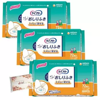 Unicharm Lifree Wet Flushable в 72 Включает карман Dciel Средства по уходу за больными [Набор 3] Салфетки, туалетные, штук, Безалкогольные, Без запаха,