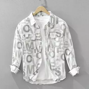 Unique Letter Print Long Sleeve Shirt for Men Spring Autumn High-end Trendy Full Print Shirt Workwear Loose Jacket M белый