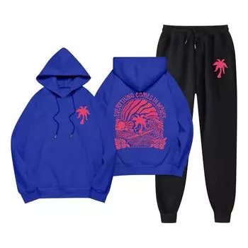 Unisex long sleeved casual pocket drawstring hooded sweatshirt and pants set suitable for both men and women S