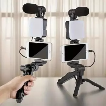 Universal Selfie Stick Tripod Kit With Led Light & Mini Mic - Adjustable Phone Holder For Iphone Android Smartphones чёрный