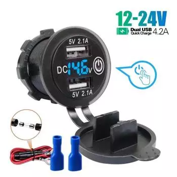 Универсальная розетка для зарядного устройства с двойным USB 12-24 В, 4,2 А, для автомобиля, мотоцикла, лодки, с кнопкой ВКЛ/ВЫКЛ и дисплеем напряжения, модифицированная автомобильная быстрая зарядка, синий свет Without Cable