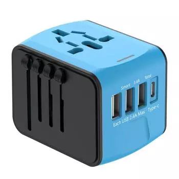 Универсальный дорожный адаптер, международный адаптер питания, 3 порта USB + 1 порт TypeC + всемирная сеть переменного тока чёрный/синий