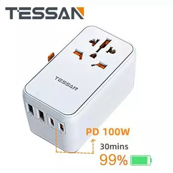Универсальный дорожный адаптер TESSAN 65 Вт с USB-портом типа C 65 Вт/100 Вт, международный адаптер питания с быстрой зарядкой, вилка ЕС/Великобритании/США/Австралии для путешествий