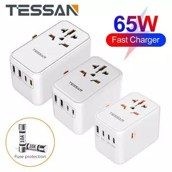 Универсальный дорожный адаптер TESSAN GaN 65 Вт/100 Вт с USB и адаптером быстрой зарядки Type-C, международный адаптер питания для путешествий