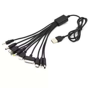 Универсальный USB-кабель 10 в 1, многофункциональный зарядный кабель, совместимый с несколькими сотовыми телефонами, наушниками Blutooth, динамиком, MP3-плеером и многим другим чёрный