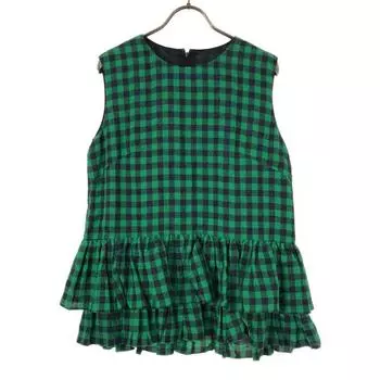 unused GRACE CLASS Linen Blend check No sleeve Cut 38 Green x blue Frill Women Used