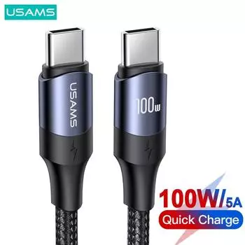 USAMS 1,2 м PD 100 Вт 5A Кабель для быстрой зарядки данных QC 3,0 Тип C - Тип C Плетеный телефонный кабель для iPad Samsung Huawei Xiaomi Телефонный ноутбук Кабель для передачи данных 2 м/3 м 1.2M 100W Type-C To C чёрный