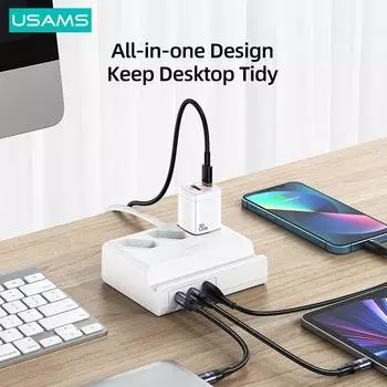 USAMS P1, 6 портов, 65 Вт, PD QC, USB, быстрая зарядка, тип C, адаптер для станции быстрой зарядки, 6 розеток переменного тока, удлинитель для ПК, ноутбука, телефона 65W белый