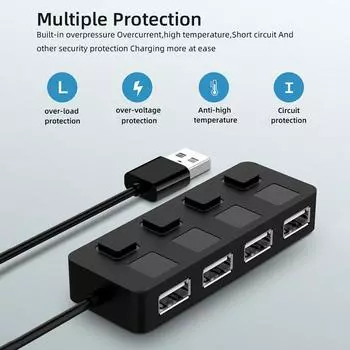 USB 2.0 HUB Multi 4 Ports Splitter Expander USB Power Adapter for Laptop PC QDE