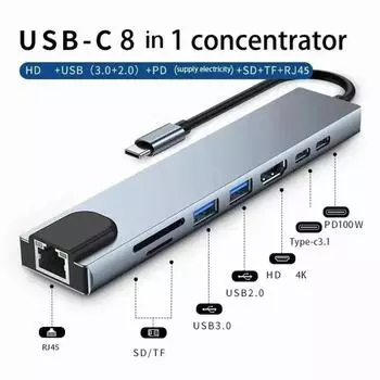 Usb 8 в 1 тип C 3 1 до 4k адаптер-концентратор HdTV с устройством чтения карт SD Tf Rj45 Pd быстрая зарядка для ноутбука Macbook серый