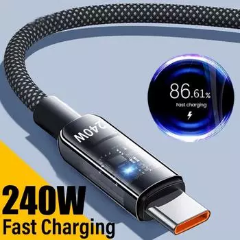 USB A к Type C 240 Вт PD прозрачный кабель для быстрой зарядки шнур передачи данных для телефонов Mi Huawei Samsung Android USB C зарядный провод 25CM чёрный