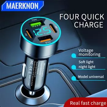 USB C Car Charge Muti 4 Ports PD Type C QC3.0 Fast Charging Mobile Phone Car Adapter LED Digital Display for Iphone 15 Xiaomi 14 Black