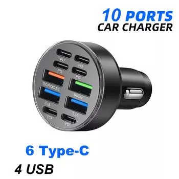 USB C Car Charger Adapter with 6 Type C 4 USB Port for iPhone Android Samsung iPad Pro PD QC3.0 Multi Port Fast Charging чёрный