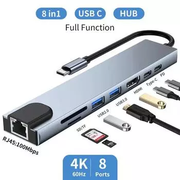 USB C Hub 8 в 1 Type C 3.1 к 4K HDMI адаптер с RJ45 SD/TF кард-ридер PD быстрая зарядка для ноутбука MacBook ноутбук компьютер