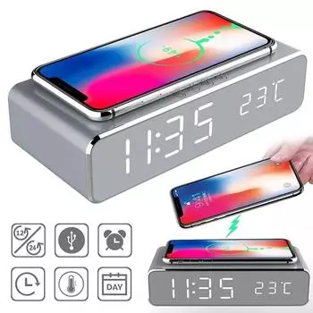 USB-цифровой светодиодный настольный будильник с беспроводным зарядным устройством