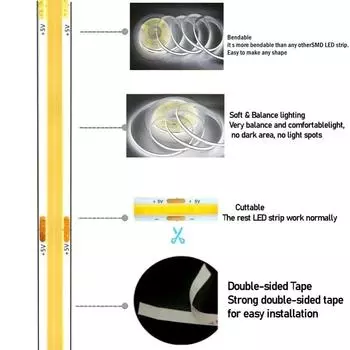 USB COB лента DC5V 320Leds/M Белый/Красный/Желтый Светильник для шкафа Подсветка телевизора Гибкая светодиодная лента для освещения Домашний декор Лампа 0.5M