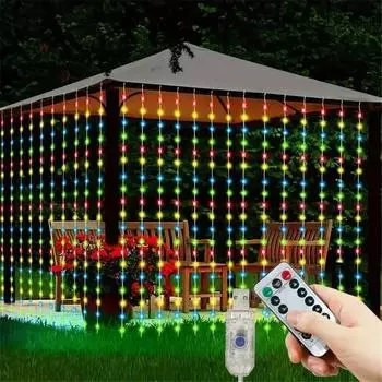 USB Curtain String Lights 8 Lighting Modes Christmas Festoon Garland Wedding Holiday Party Home Bedroom Decoration Fairy Lights 3x1M 100LEDs теплый белый