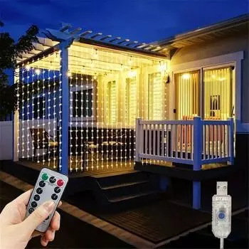 USB Curtain String Lights Christmas Garland Festoon Remote Control Led Light Wedding Party Home Bedroom Fairy Light Decor 3x1M 100LEDs теплый белый