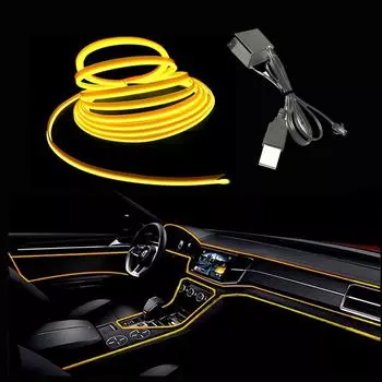 USB EL Wire 10 M/5 M/3 M Гибкая неоновая световая трубка DC 5 В Неоновая трубка Освещение салона автомобиля Световая полоса для внутренней отделки Декоративная 5 жёлтый