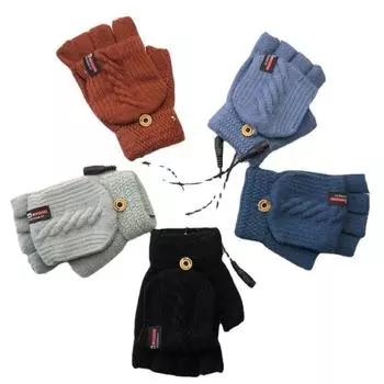 USB Electric Heating Gloves Half Finger Cover Knitted Jacquard Student Gloves Indoor and Outdoor 2-use Warm and Cold-proof Gloves average size