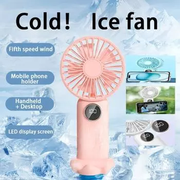 USB Handheld Mini Fan with Phone Stand and Display Screen Foldable Portable Neck Hanging Fans 5 Speed USB Rechargeable Fan синий