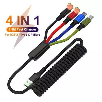 USB-кабель 4 в 1, 1,8 м для iPhone 11 Pro Max, Samsung Huawei, пружинный выдвижной кабель Micro USB Type C, шнур для зарядки