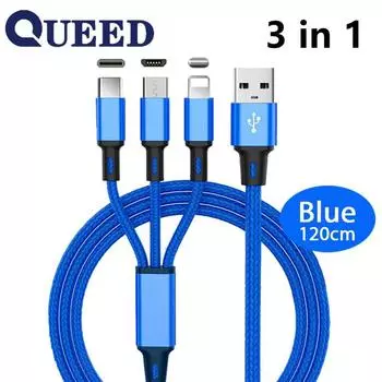 USB-кабель для быстрой зарядки универсального многофункционального кабеля 3 в 1 для сотового телефона Samsung типа C чёрный