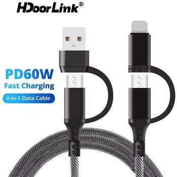 USB-кабель HdoorLink 4 в 1 PD60W/20W USB C-кабель Lightning для iphone 15 14 13 12 11 Pro, зарядное устройство для быстрой зарядки типа C для Samsung, кабель для даты чёрный