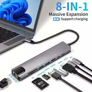 USB-концентратор 8 в 1, адаптер HDTV типа C к 4K с устройством чтения карт SD/TF 100M RJ45, быстрое зарядное устройство для ноутбука MacBook, портативного компьютера с ОС Windows 3937.01inch RJ45