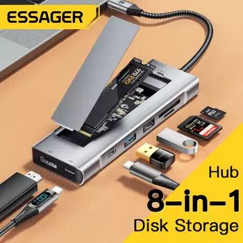 USB-концентратор Essager 8-в-1 с функцией хранения на диске, USB Type-C и HDMI-совместимая док-станция для ноутбука Macbook Pro Air M1 M2 Grey 8 In 1 HUB