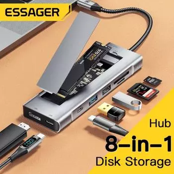 USB-концентратор Essager 8-в-1 с функцией хранения на диске, док-станция для ноутбука, совместимая с USB Type-c и HDMI для Macbook Pro Air M1 M2 8 in 1 HUB серый