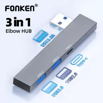 USB-концентратор Fonken 3 в 1, 3 порта, расширенный разъем USB к USB3.0/USB2.0/тип C2.0, разветвитель PD, аксессуары для ПК, ноутбуков 1x USB 3.0+2x USB 2.0 серый