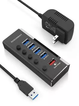 USB-концентратор ROSONWAY 2022 с питанием, алюминиевый, 4 порта, высокоскоростное расширение, 1 порт быстрой зарядки, USB-концентратор, автономный блок питания переменного тока с независимым выключателем