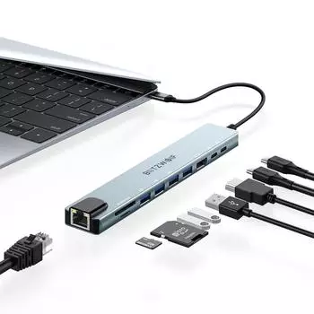 USB-концентраторы BlitzWolf® BW-NEW TH5 10 в 1 с HD 4K, 30 Гц USB3.0 / USB2.0 / Type-C 2.0 / RJ45 Ethernet / зарядка PD 100 Вт / док-станция для слотов для карт SD TF