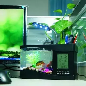 Usb мини-чаша с золотой рыбкой, настольная лампа, небольшой многофункциональный экологический аквариум, офисное украшение, часы для аквариума, ночник чёрный
