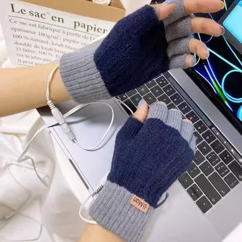 USB-перчатки для обогрева, вязаные, цветные, для взрослых и студентов, полупальцевые, электрические перчатки для обогрева, теплые перчатки с USB-разъемом, без откидной крышки One-size-fits-all single-sided back heating