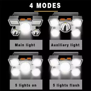 Usb Rechargeable 5 LED Strong Light Headlamp Built-in 18650 Battery Outdoor Camping Fishing Emergency Searching Headlight