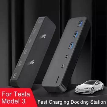 USB Shunt Hub For Tesla Model Y Model 3 Accessories 21-23 27W Quick Charger Type-C SD Docking Station Extension чёрный