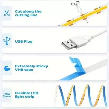 USB светодиодная лента гибкая COB лента 320 светодиодов/м сенсорный диммер 5 В высокой плотности RA90 веревочная лента лампа для зеркального шкафа телевизора 1m